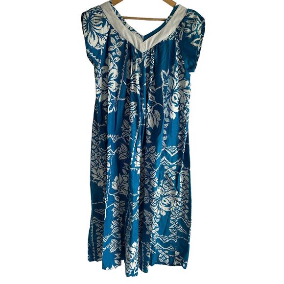 Waltah Clarkes Vintage Large 70s Hawaiian Blue & White Hibiscus Print Maxi Dress - Picture 4 of 5